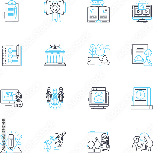 Teaching elements linear icons set. Curriculum, Pedagogy, Classroom, Instruction, Methodology, Assessment, Learning line vector and concept signs. Resources,Differentiation,Engagement outline