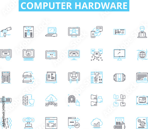 Computer hardware linear icons set. Motherboard, Processor, Graphics, Memory, Storage, Power, Cooling line vector and concept signs. Input,Output,Peripheral outline illustrations