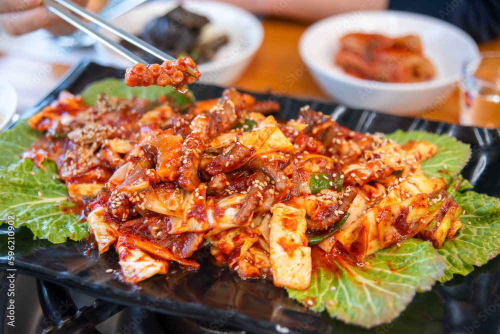 South Korea food. Stir fried Octopus spicy food