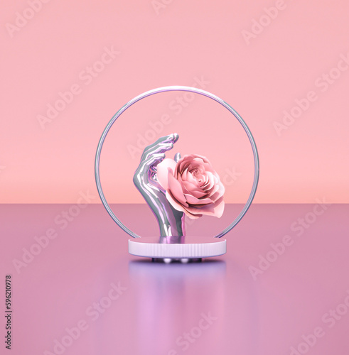 Pink hands with rose flower showing, reaching from above, pointing and presenting gesture to cosmetic product. 3d render Surreal pastel landscape background. Holiday, happy women day, mother day.
