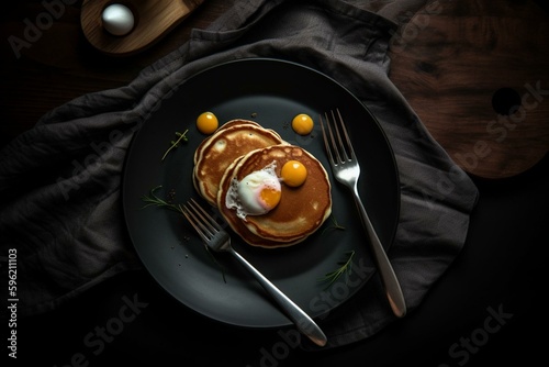 A plate of pancakes and eggs, with cutlery and a napkin, set on a dark cloth. Generative AI