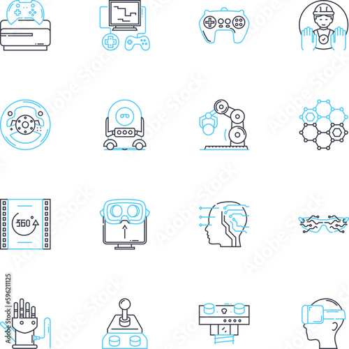 Robotics technology linear icons set. Automation, Robotics, Artificial Intelligence, Cyborgs, Humanoids, Mechanics, Mechatronics line vector and concept signs. Nanotechnology,Machine learning,Robotics
