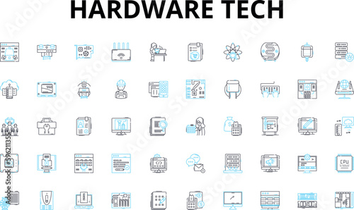 hardware tech linear icons set. Processor, Motherboard, Graphics, Display, Storage, Memory, Keyboard vector symbols and line concept signs. Mouse,Nerk,Router illustration