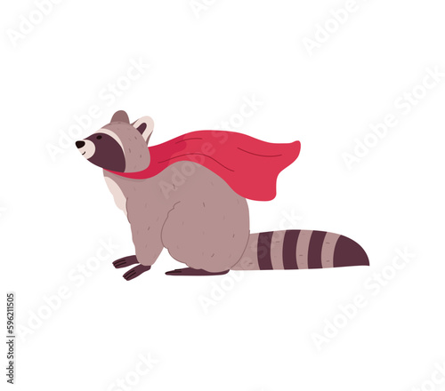 Cute smiling raccoon in crimson cloak side view flat style