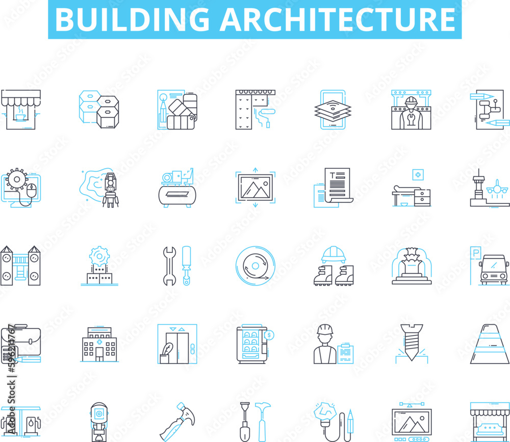 Building architecture linear icons set. Skyscraper, Blueprint, Facade, Columns, Foundations, Roofing, Materials line vector and concept signs. Design,Beams,Windows outline illustrations Building architecture linear icons set. Skyscraper, Blueprint, Facade, Columns, Foundations, Roofing, Materials line vector and concept signs. Design,Beams,Windows outline illustrations