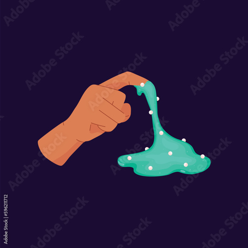 Hand playing with sticky and gooey slime toy, flat vector illustration isolated on dark background.