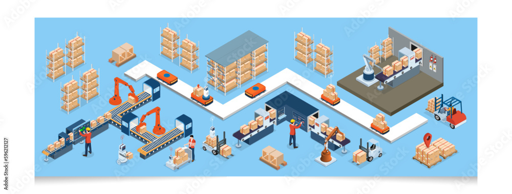 3D isometric automated warehouse robots and Smart warehouse technology Concept with Warehouse Automation System and Autonomous Robot Transportation operation service. Vector illustration EPS 10 - obrazy, fototapety, plakaty 