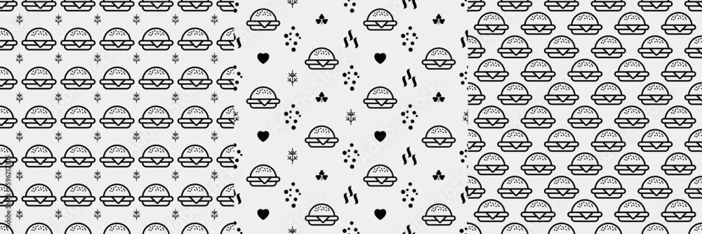 Burger seamless pattern. Hamburger motif. Fast food line emblem ornament