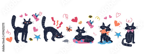 Funny black cat characters in different poses flat vector illustration isolated on white background. Domestic black cat sleeping, playing and hunting, for veterinary and pets care theme.