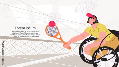 Wheelchair tennis banner or poster with athlete with disability on tennis competition, flat cartoon vector illustration. Inclusion and sports for people with disabilities concept.