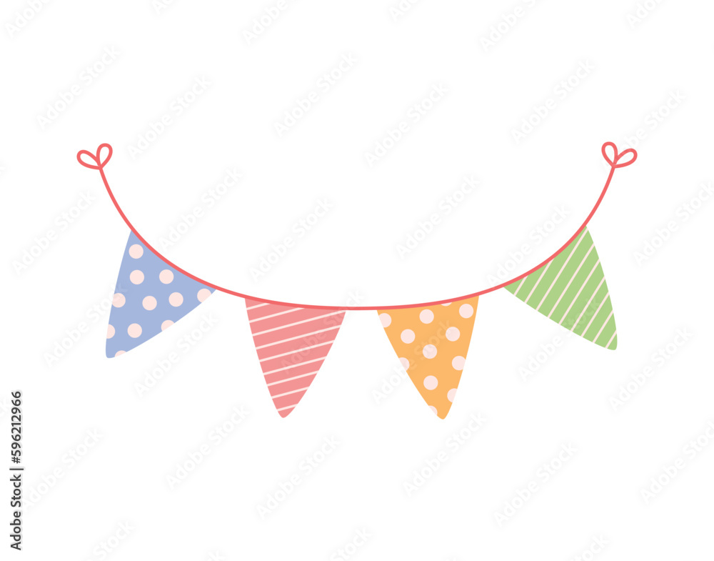 Colorful garland with flags, cartoon flat vector illustration isolated on white background.