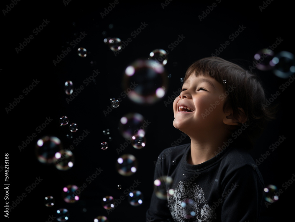 Glückliches Kind spielt mit Seifenblasen und hat Spaß, fröhlicher Gesichtsausdruck Nahaufnahme, ai generativ