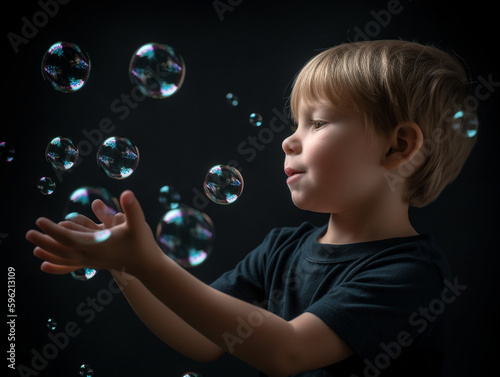 Glückliches Kind spielt mit Seifenblasen und hat Spaß, fröhlicher Gesichtsausdruck Nahaufnahme, ai generativ