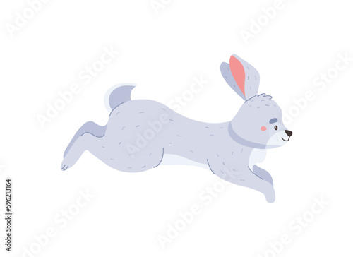 Furry rabbit running and jumping, cartoon flat vector illustration isolated on white background.