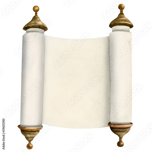 Open Torah scroll illustration template for Jewish holidays designs, Passover, Shavuot, Purim, Yom Kippur and Sukkot greetings. Hand drawn watercolor clipart isolated on white background © Elena Malgina