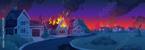 Foto Apocalypse city road with fire building cartoon background