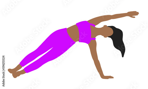 Flexibility yoga pose. African American longhair female, lady, woman, girl. Pilates, mental health, training, gym. Vector illustration in cartoon flat style isolated on white background.