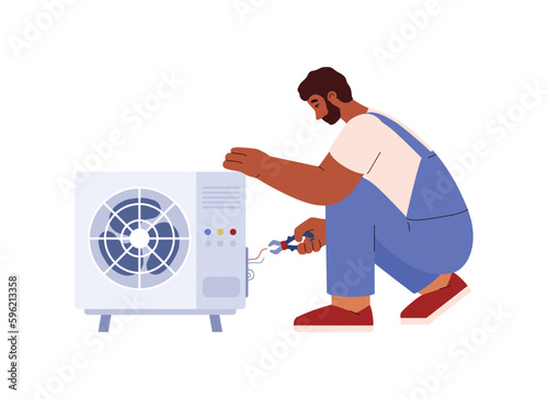 Workman repairs air conditioner system motor, flat vector illustration isolated.