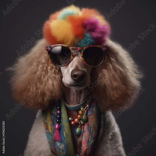 french poodle dog hippie style beautiful cute organic clothing excellent quality 8k IA generativa photo