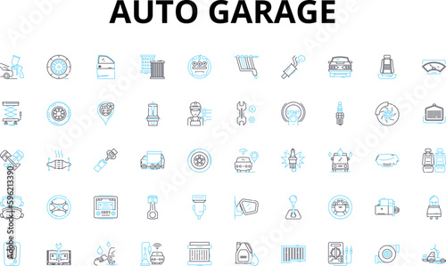 Auto garage linear icons set. Repair, Maintenance, Mechanic, Service, Tune-up, Oil, Brake vector symbols and line concept signs. Tire,Exhaust,Suspension illustration