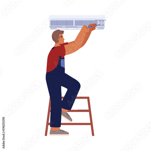 Serviceman installing air conditioner at home flat vector illustration isolated.