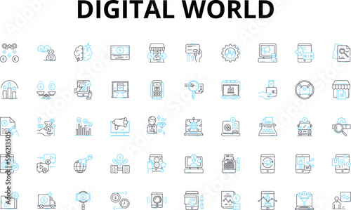 Digital world linear icons set. Internet, Technology, Social media, Cybersecurity, Online, Communication, Data vector symbols and line concept signs. Information,Cyberculture,Digitalization