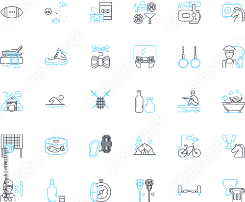 Adventure park linear icons set. Thrilling, Exciting, Adrenaline, Zip-lining, Ropes course, Climbing, Obstacle line vector and concept signs. Skywalk,Swing,Treetop outline illustrations