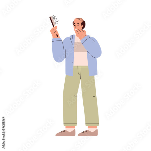 Scared and shocked man with alopecia looking at hairbrush, flat vector illustration isolated on white background.