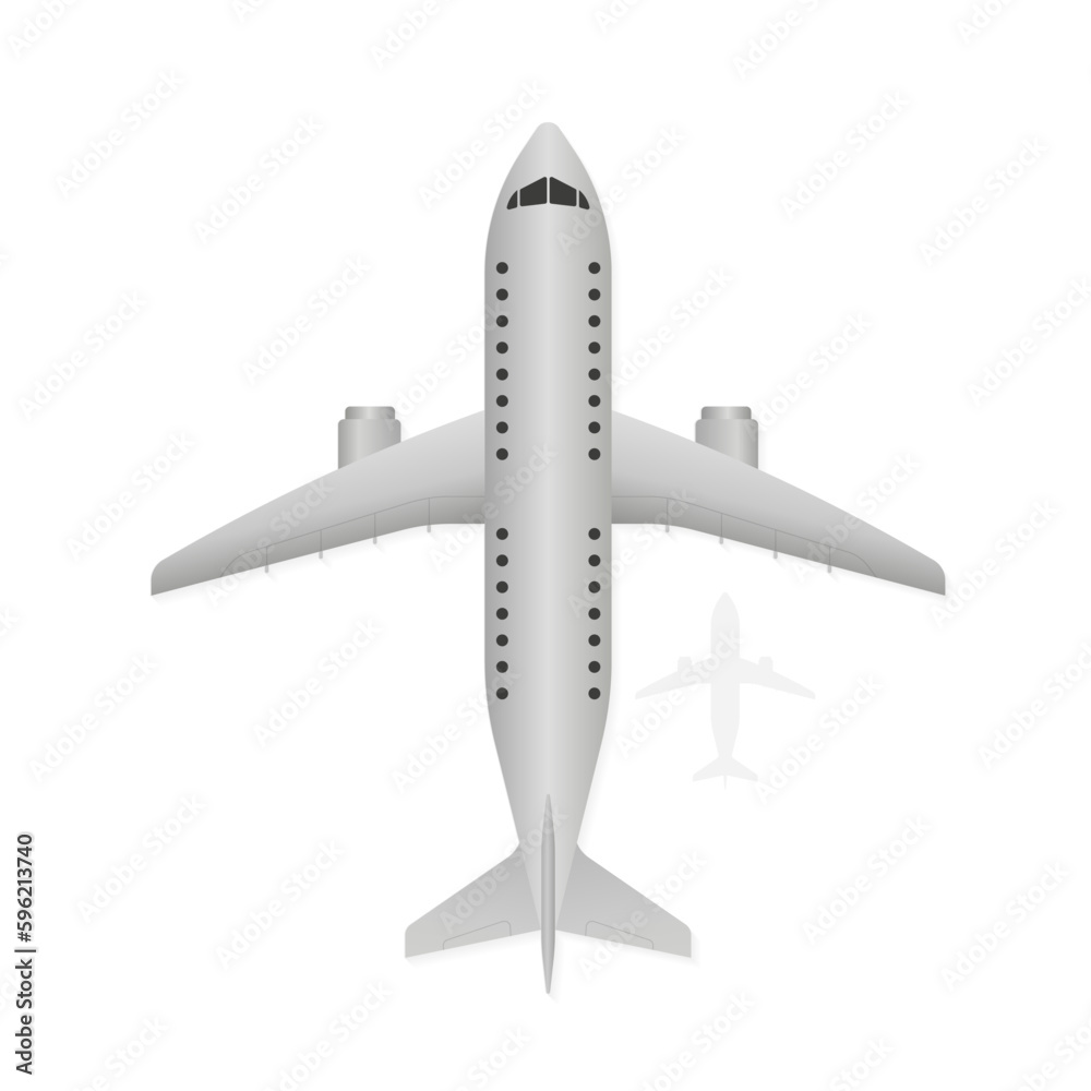 Flying plane, jet plane, airplane. Plane with shadow. View from above