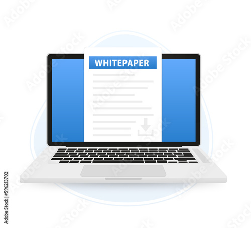 Plain white paper or document icon. Cartoon style investment trend ico leaf doc logo graphic design element. Concept of initial offer or smart contract. On the laptop screen. Vector illustration