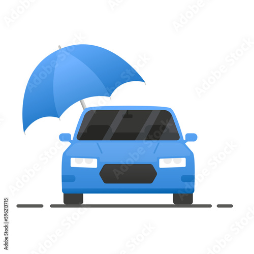 Car Insurance policy concept. Report with a document with a shield and a car. Car insurance icon. Umbrella that protects automobile. Financial or legal transaction. Vector illustration