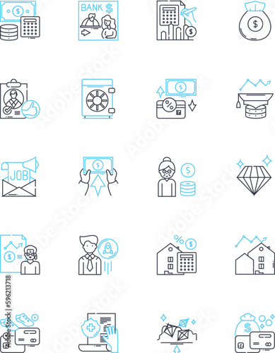 Mtary gains linear icons set. Profit, Return, Income, Growth, Expansion, Earnings, Success line vector and concept signs. Wealth,Upswing,Advantage outline illustrations