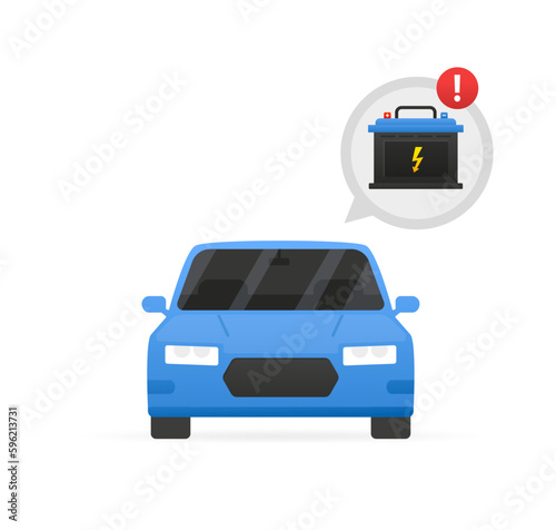 Safe car driving rules and tips. Make sure your battery is working before you go. You need to charge the battery. Discharged battery. Service center. Vector illustration