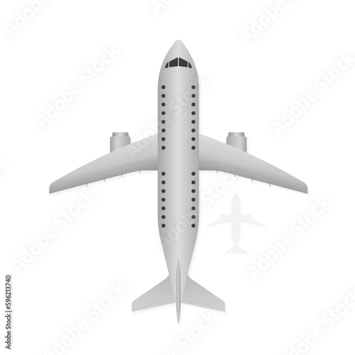 Flying plane, jet plane, airplane. Plane with shadow. View from above of detailed passenger airplane isolated on white background. Vector illustration