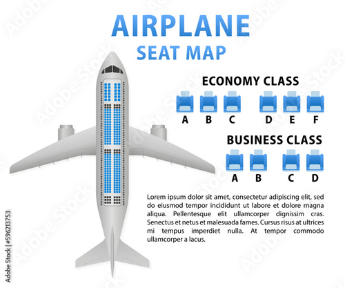 Airplane seat map business or economy class plane and place for text. Top view of business and economy classes Airplane information map. Realistic passenger plane seats. Vector illustration