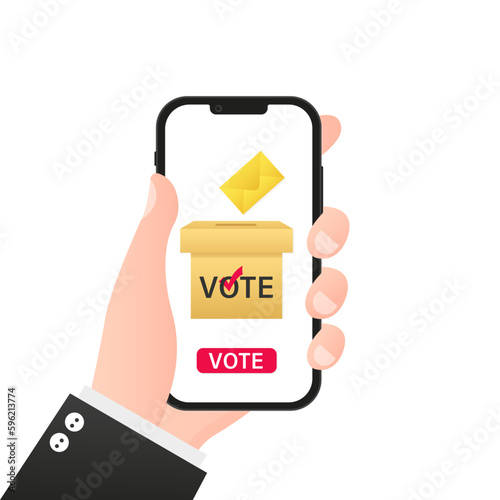 Electronic voting on the smartphone screen. Voting symbols. Box for voting in elections. Envelope. Template for US elections. Template Elections icons. Check marks. Vector illustration