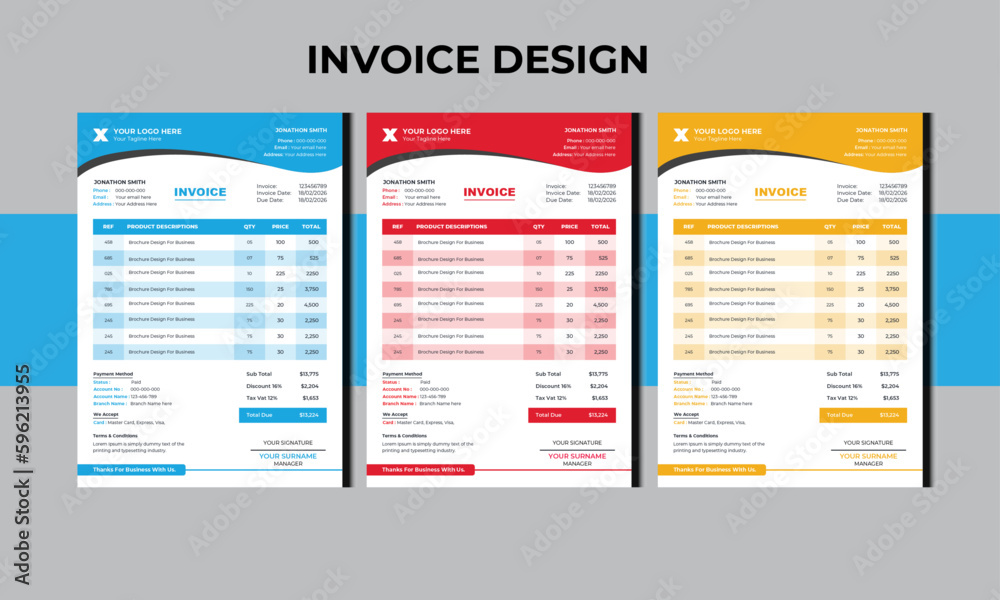 Business invoice design for corporate office money bills