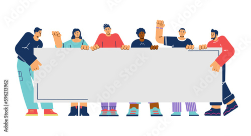 Group of people holding long empty sign flat style, vector illustration