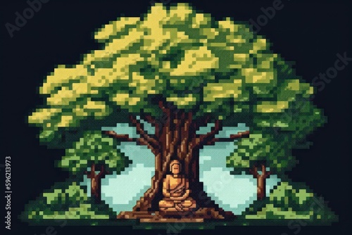 Buddha sitting under tree - Pixel art