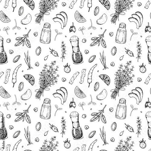 Food seamless pattern. Vector illustration in sketch style. Vintage background for restaurant menu and decoration