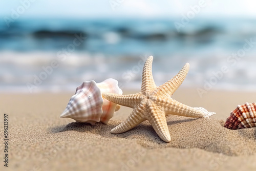 Summer background, hot sand beach landscape, sea coast and shells and starfish. Gentle colors, summer concept of travel and vacation in tropical places. Illustration. Generative AI.
