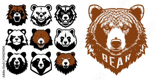 Bear head mascot collection, black outline logo set. Vector illustration.