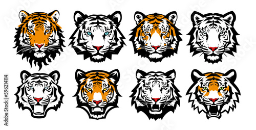 Tiger head mascot collection, tiger icon set. Vector illustration.