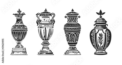 Classical ancient greek vase set, monochrome line icons. Vector illustrations