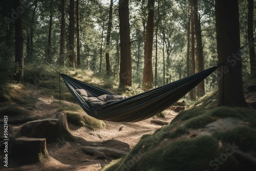 Hammock in a forest camping area. Generative AI