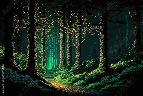 Alter irischer Wald mit Lichtern - Pixel art
