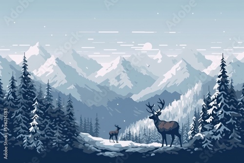 Schneelandschaft mit Renntier, Bergen und Bäumen - Pixel Kunst