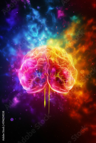 Image of colorful brain in the middle of dark space with rainbow light coming out of it. Generative AI.