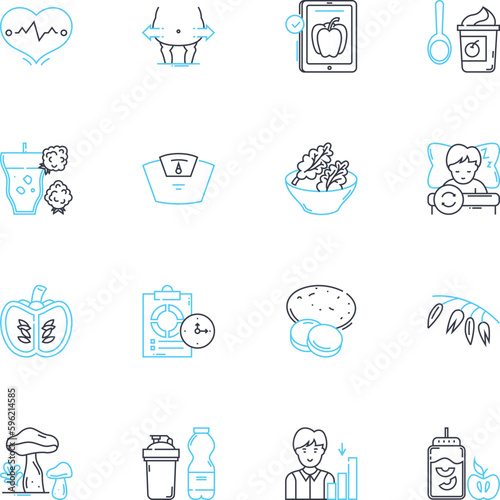 Physical fitness linear icons set. Exercise, Workout, Stamina, Cardio, Strength, Agility, Flexibility line vector and concept signs. Endurance,Muscle,Health outline illustrations