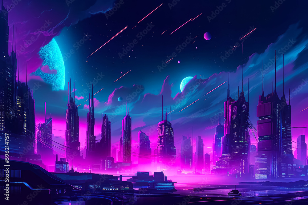 Futuristic cityscape with purple sky and stars in the background. Generative AI.